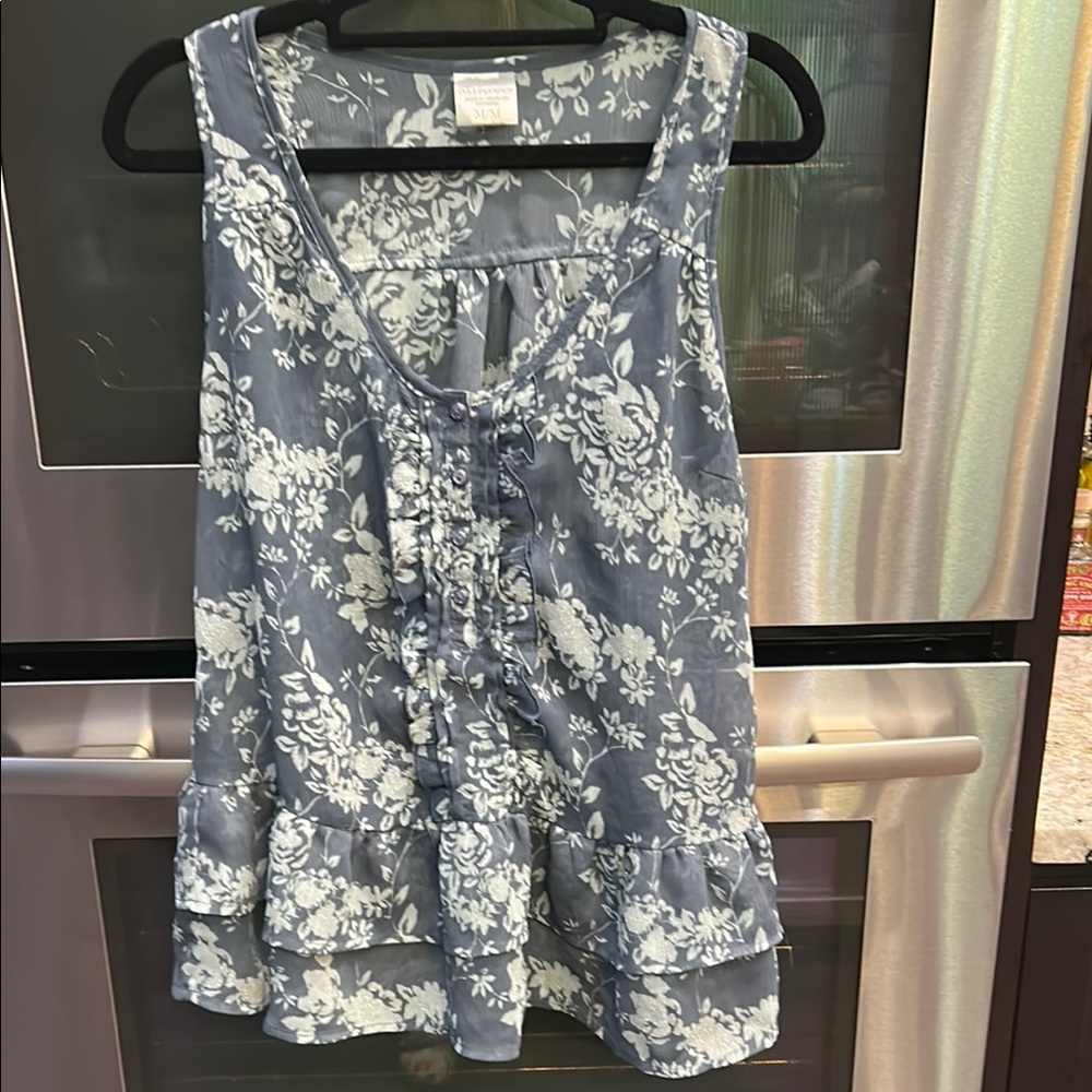 Sleeveless Blue Floral Ruffle Tank Top
